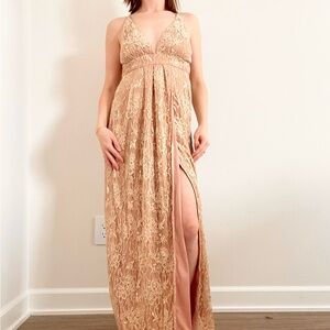 Lulus Stolen Moments Elegant Lace Maxi Dress in Nude